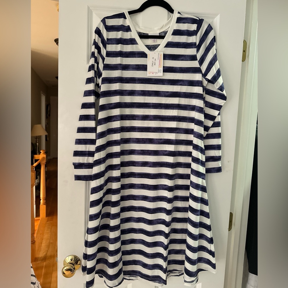 LuLaRoe Emily Medium Swing Dress Blue and White stripe NWT